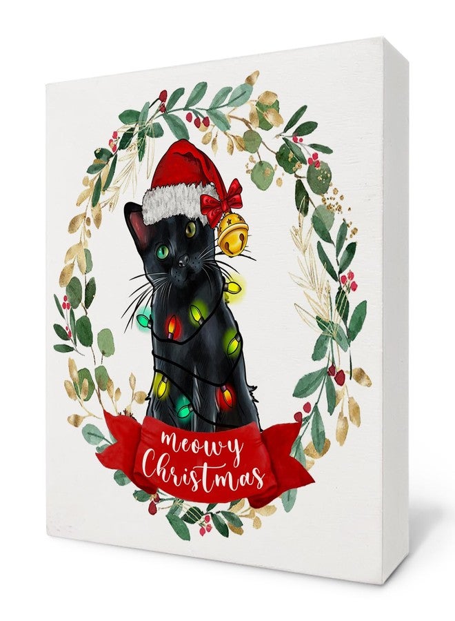 Nvotell Christmas Black Cat Signs - Merry Meowy Christmas Wooden Box Table Signs, Black Cat Christmas Gifts for Women Men Cat Lovers, Christmas Cat Decorations, 5x5 Inch - Image 1